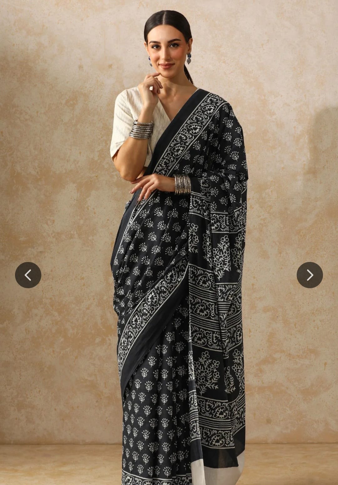 Cotton Mulmul Saree in black and white – Pure cotton handblock printed saree wholesale by Fabtexs